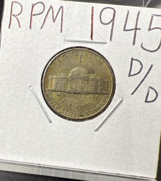 1945 D D/D RPM WWII 35% Silver Jefferson Nickel Coin with Variety Circulated