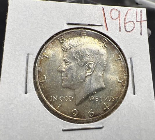 1964 P 50c Kennedy Silver Half Dollar Coin Choice AU / UNC Amber Toning #A