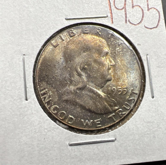 1955 P Franklin Half Dollar Silver Coin BU UNC Neat Toning Toner #E