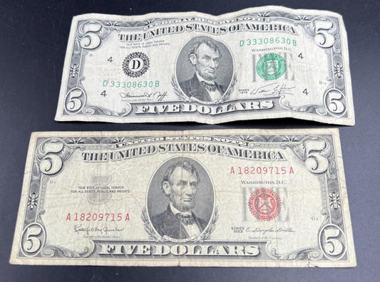 $5 Bill collector's set 1963 USN United States Note & 1974 FRN Circulated #715