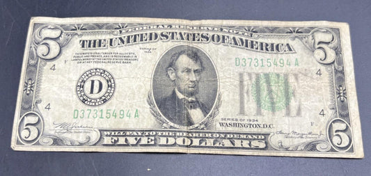 Mule Note 1934 $5 FRN Federal Reserve Note Very Circulated Ohio District #494