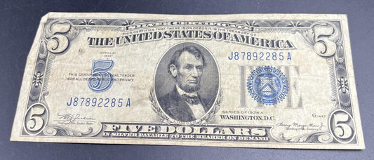 1934 A $5 Silver Certificate Blue Seal US Currency Bill Circ VG Very Good #285