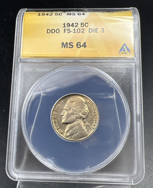 1942 5c Jefferson 5c Nickel Coin DDO Double Die Obverse FS-102 ANACS MS64