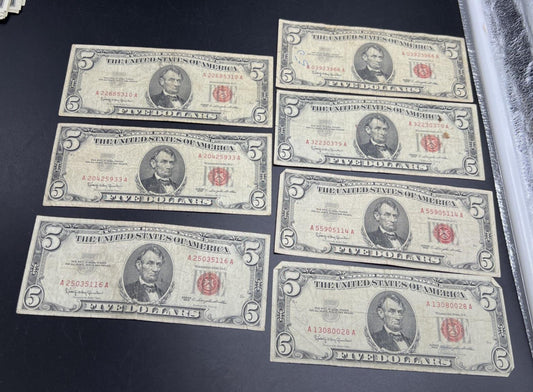 Lot of 7 1963 $5 Legal Tender United States Notes Red Seals Very circulated #116