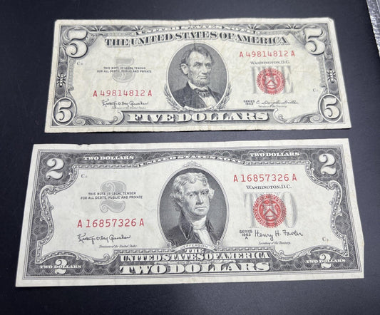 2 Note United States Legal Tender Red Seal Set 1963 $2 & $5 Bills Very Circ #326