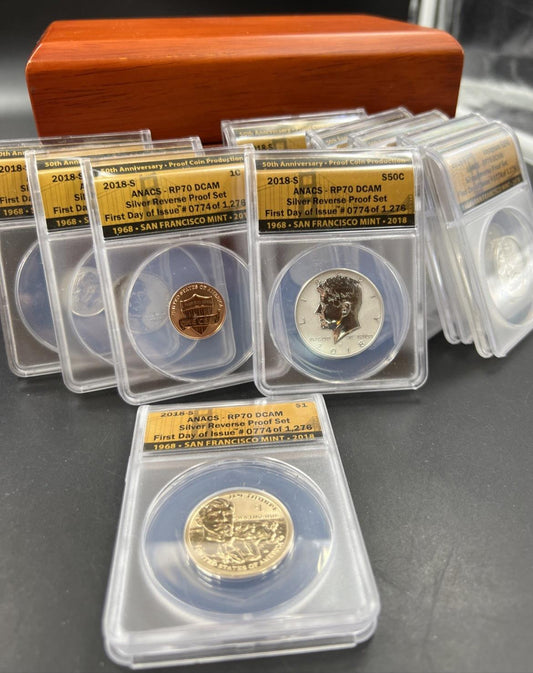 10 Coin 2018 S Silver Reverse US Proof Set PF70 RP70 ANACS Certified w/ Box