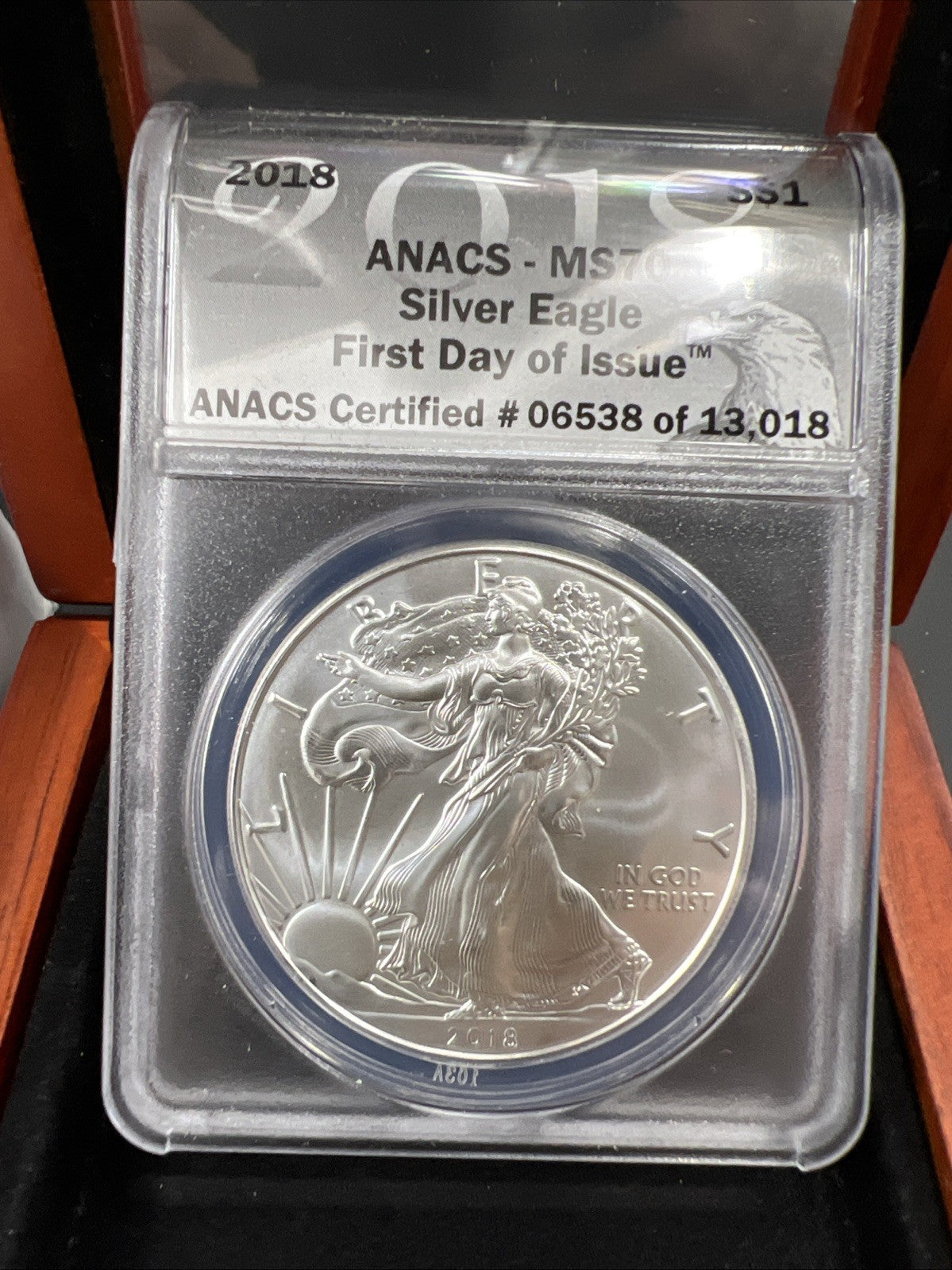 2018 1 oz ASE American Silver Eagle Coin MS70 Certified ANACS w/ Box #06538