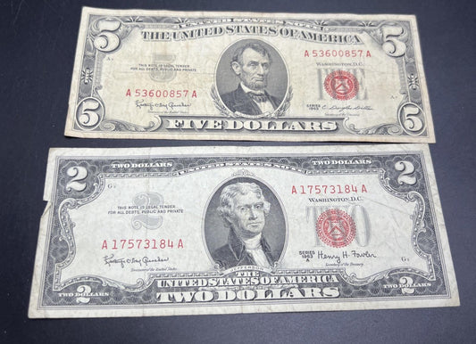 2 Note United States Legal Tender Red Seal Set 1963 $2 & $5 Bills Very Circ #184