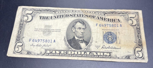 1953 A $5 Silver Certificate Blue Seal US Currency Bill VG / Fine Detail Stain A