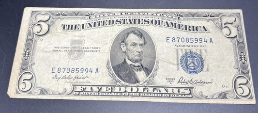 1953 A $5 Silver Certificate Blue Seal US Currency Bill Circ VG Very Good #994