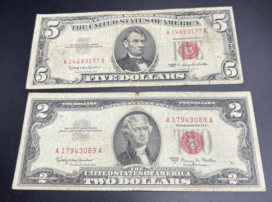 2 Note United States Legal Tender Red Seal Set 1963 $2 & $5 Bills Very Circ #089