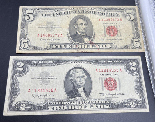 2 Note United States Legal Tender Red Seal Set 1963 $2 & $5 Bills Very Circ #558
