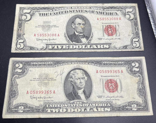 2 Note United States Legal Tender Red Seal Set 1963 $2 & $5 Bills VG Very Good #