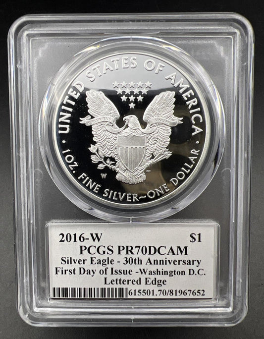 2016 W American Silver Eagle Lettered Edge PCGS PR70 DCAM First Day Washington