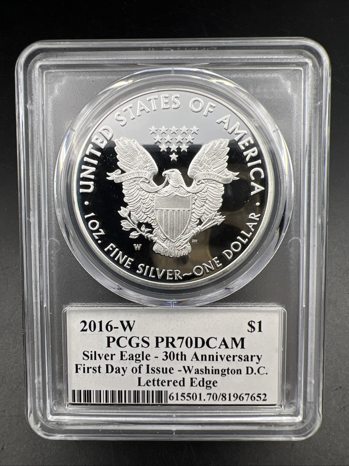 2016 W American Silver Eagle Lettered Edge PCGS PR70 DCAM First Day Washington