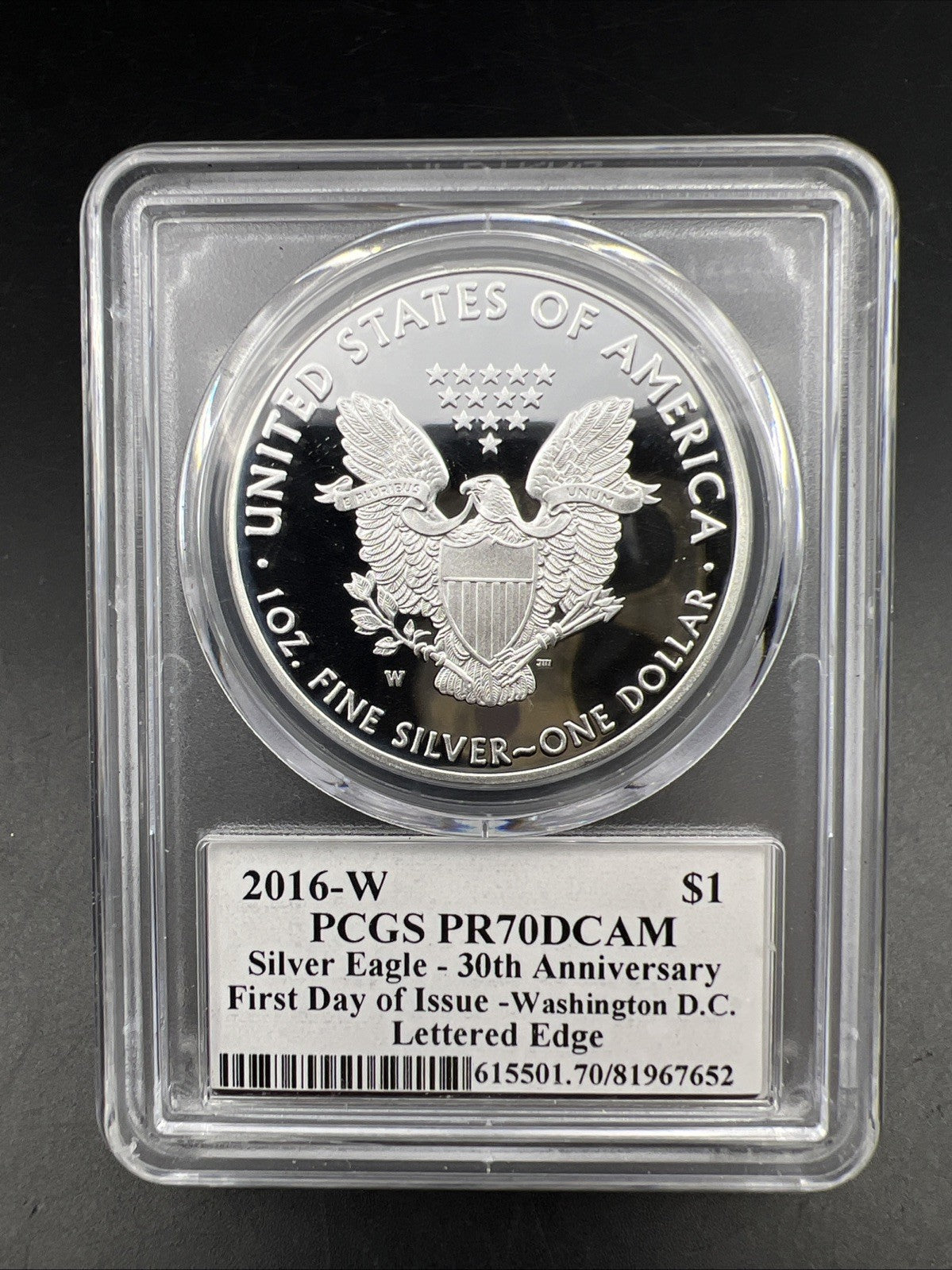 2016 W American Silver Eagle Lettered Edge PCGS PR70 DCAM First Day Washington