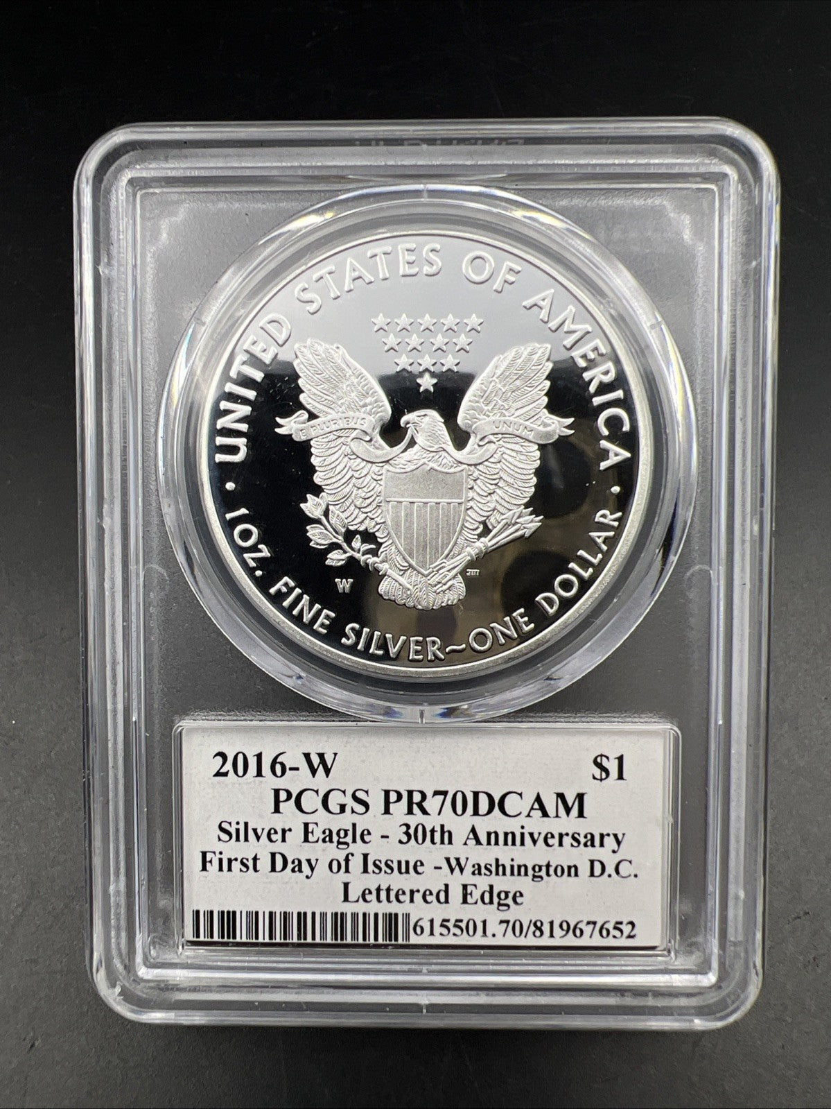 2016 W American Silver Eagle Lettered Edge PCGS PR70 DCAM First Day Washington