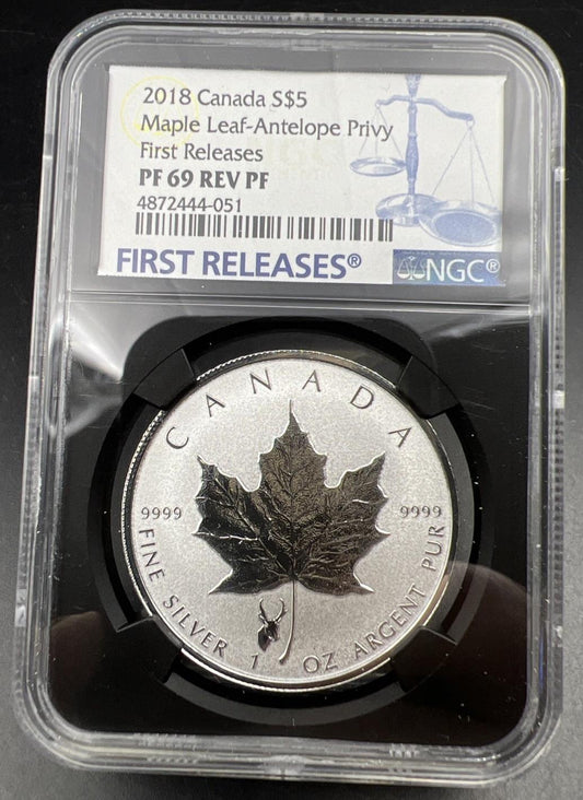 2018 Canada Maple Leaf $5 Coin Silver 1 oz NGC PF69 Reverse Proof Antelope Privy