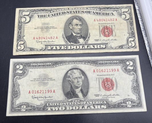 2 Note United States Legal Tender Red Seal Set 1963 $2 & $5 Bills VG Circ #199