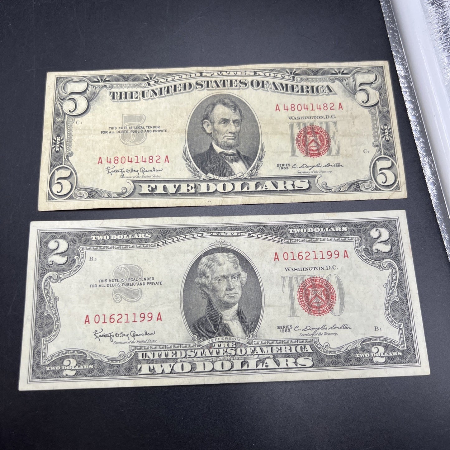 2 Note United States Legal Tender Red Seal Set 1963 $2 & $5 Bills VG Circ #199
