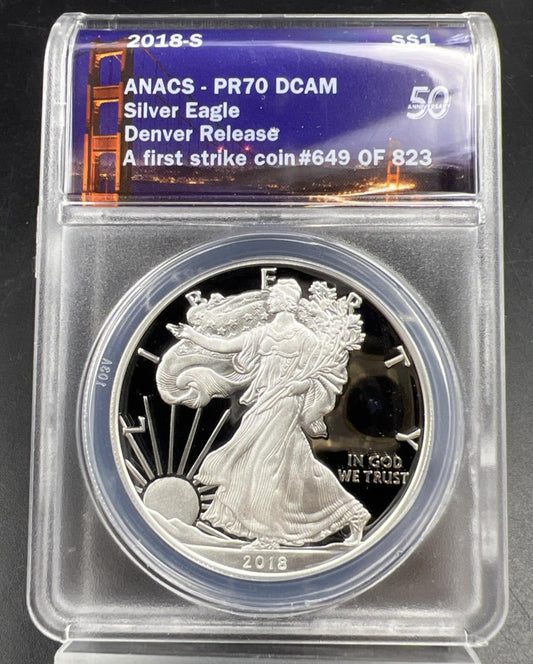 2018 S Proof American Silver Eagle Coin ANACS PR70 Denver Release Holder