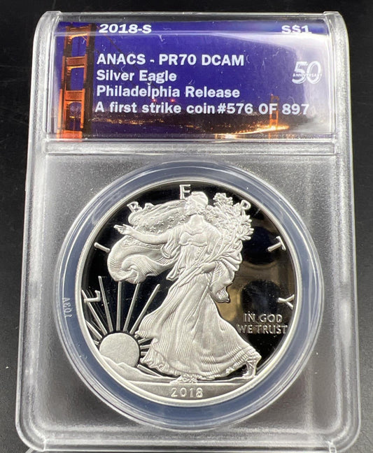 2018 S Proof American Silver Eagle Coin ANACS PR70 Philadelphia Release Holder