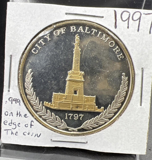 1997 City of Baltimore Bicentennial 1 oz .999 Fine Silver Coin Some Toning