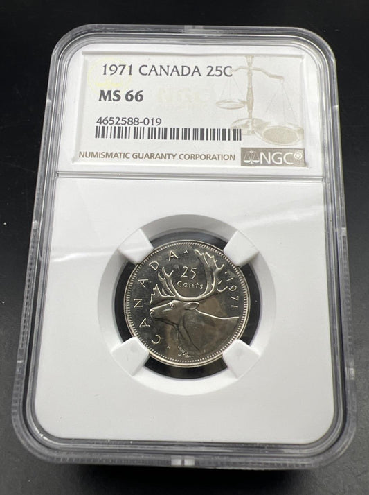 1971 Canada 25c Twenty Five Cent Caribou Quarter Coin NGC MS66 Gem BU Certified