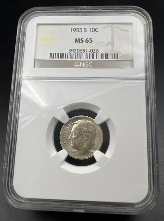 1955 S 10c Roosevelt Silver Dime Coin MS65 Gem BU Certified #026