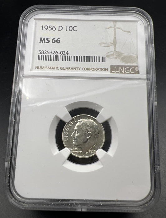1956 D 10c Roosevelt Silver Dime Coin MS66 NGC Gem BU Certified #024