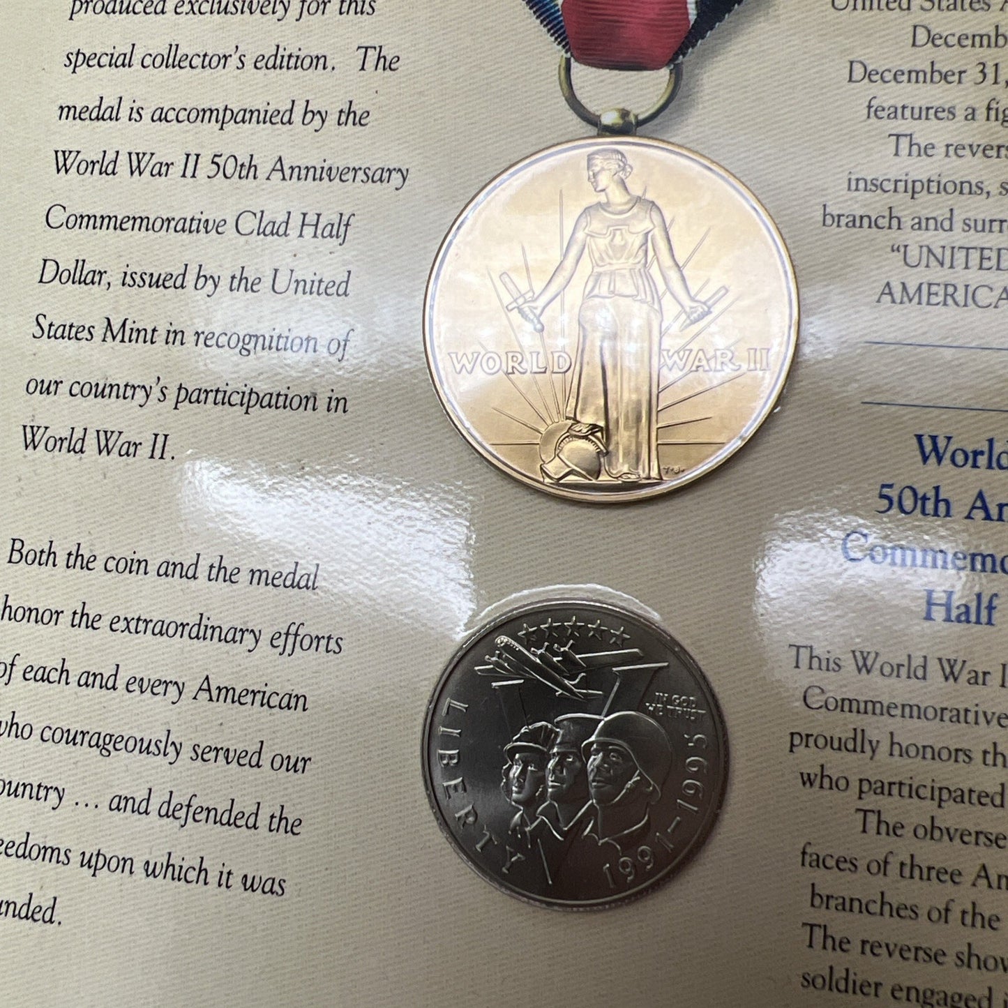 World War 2 II 50th anniversary Coin and Victory Medal Set US Mint