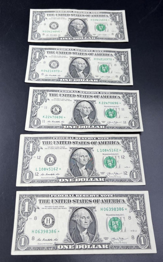 Lot of 5 2013 * $1 FRN Federal Reserve Note Star Notes H K L Districts Circ #86