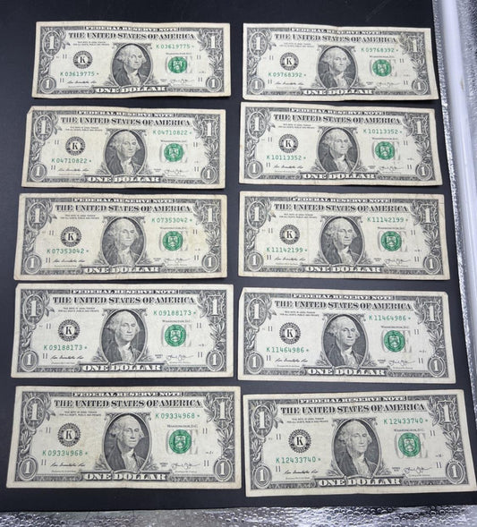 Lot of 10 2013 * $1 FRN Federal Reserve Note Star Notes K Dallas District Circ
