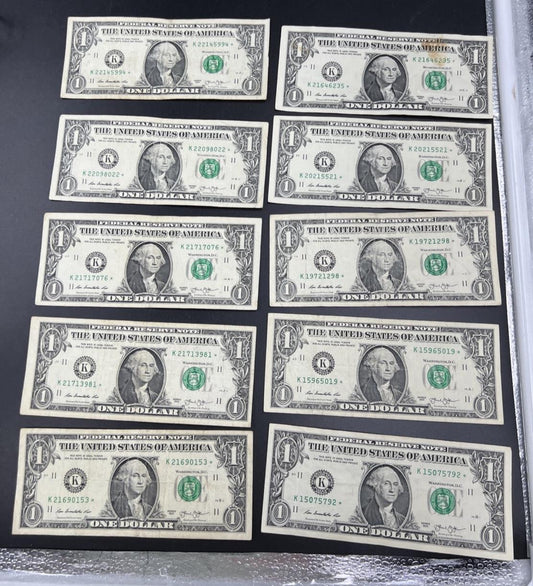 Lot of 10 2013 * $1 FRN Federal Reserve Note Star Notes K District Circ #92