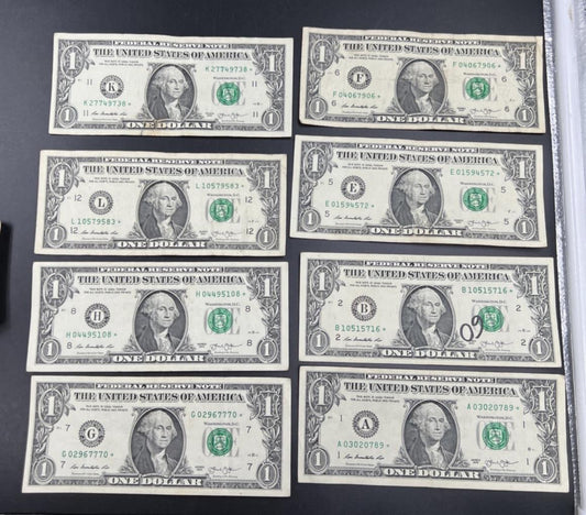 Lot of 8 Different * Star FRN Notes 1995 - 2017 years Circulated US Currency #89