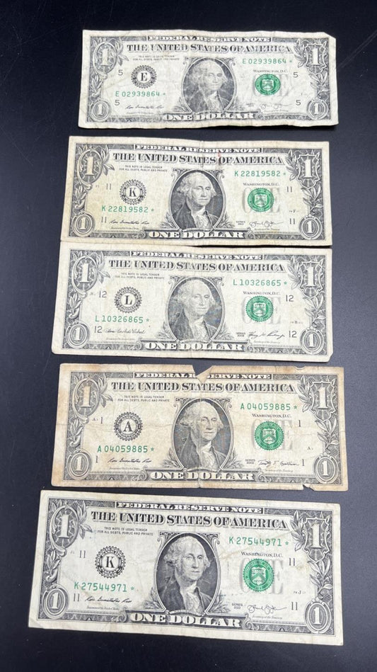 Lot of 5 2009 2013 * $1 FRN Federal Reserve Notes Star Notes Very Circulated