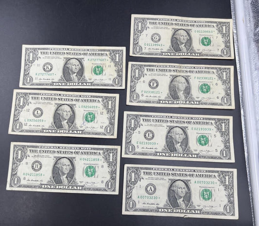 Lot of 7 Different * Star FRN Notes 1995 - 2017 years Circulated US Currency #30