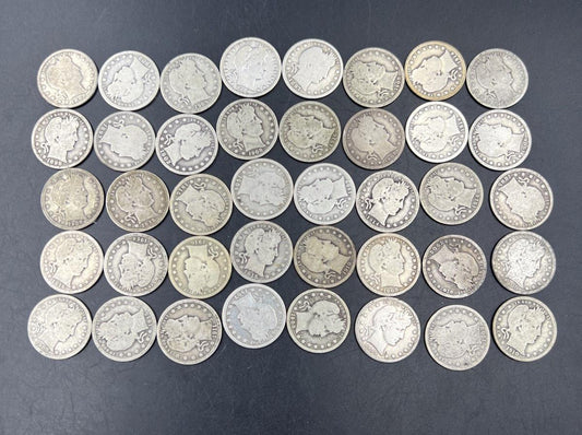 Barber Quarters 90% Silver Coin Quarter Roll $10 Face Value 40 Coins G / VG SKU#