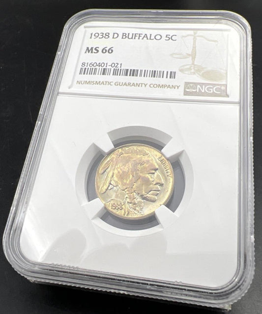1938 D 5c Buffalo Nickel Coin GEM BU MS66 NGC PQ Toning Toner