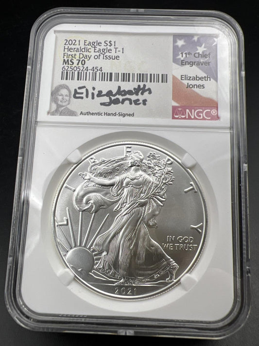 2021 T1 American Silver Eagle Coin NGC MS70 Elizabeth Jones Holder #454