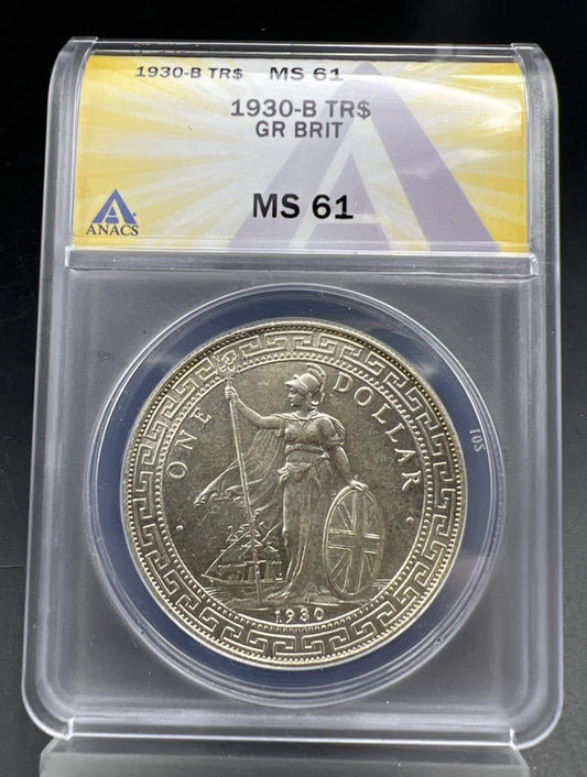 1930 B Bombay Mint Great Britain British Trade Dollar ANACS MS61 BU UNC