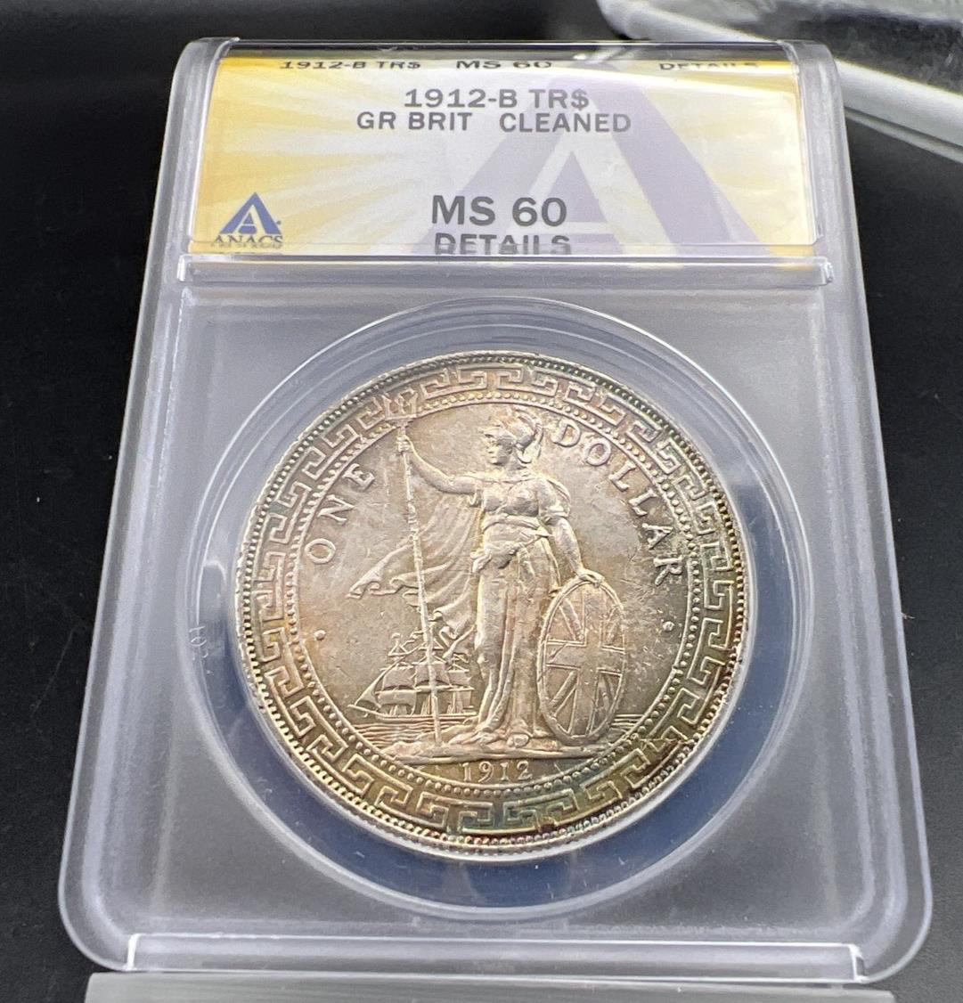 1912 B Bombay Mint Great Britain British Trade Dollar ANACS MS60 Details Toner!