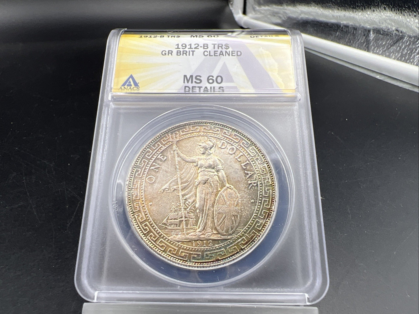 1912 B Bombay Mint Great Britain British Trade Dollar ANACS MS60 Details Toner!
