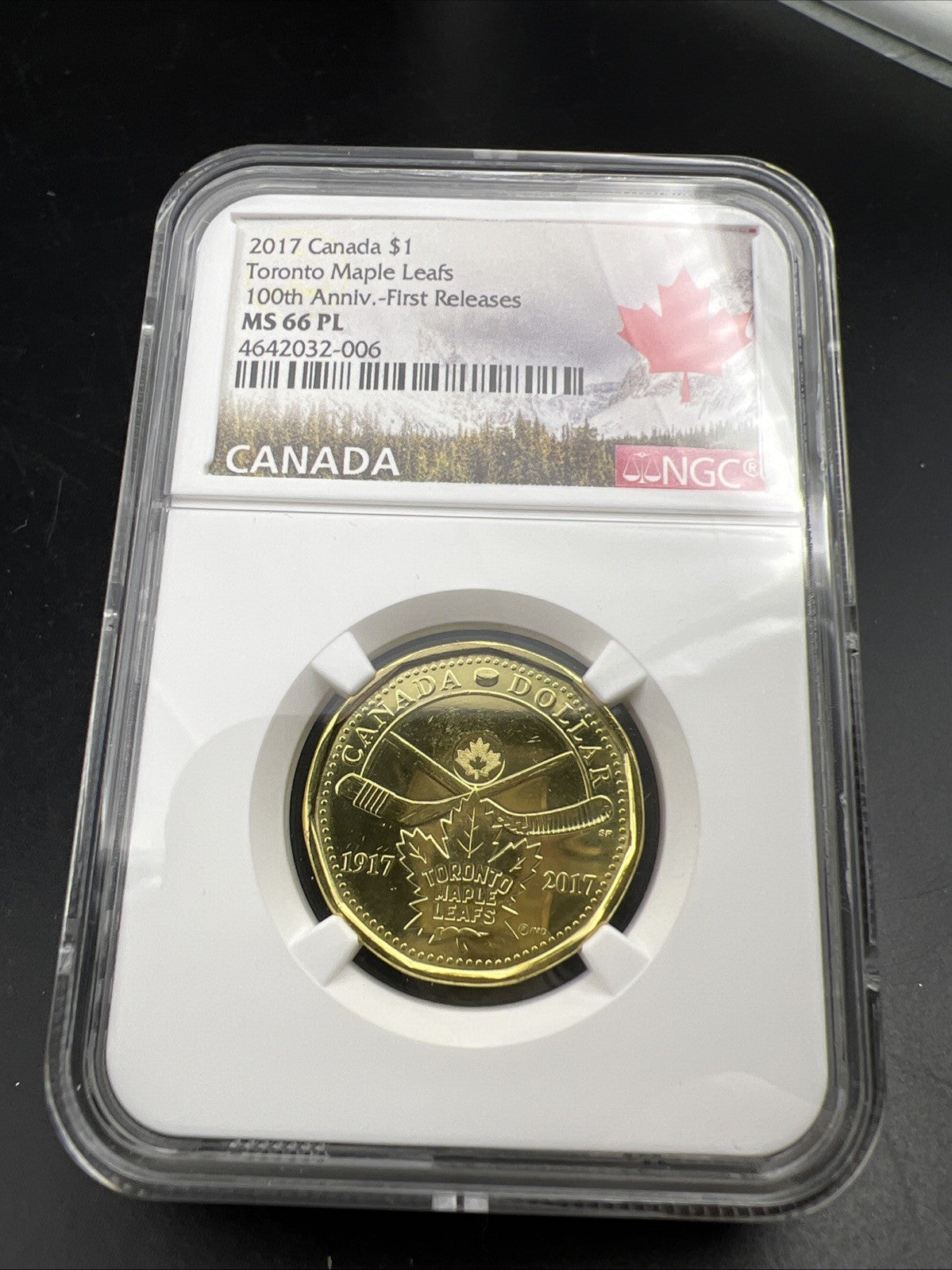 2017 $1 Canada Toronto Maple Leaves NHL Anniversary Logo 100 Years NGC MS66 PL B