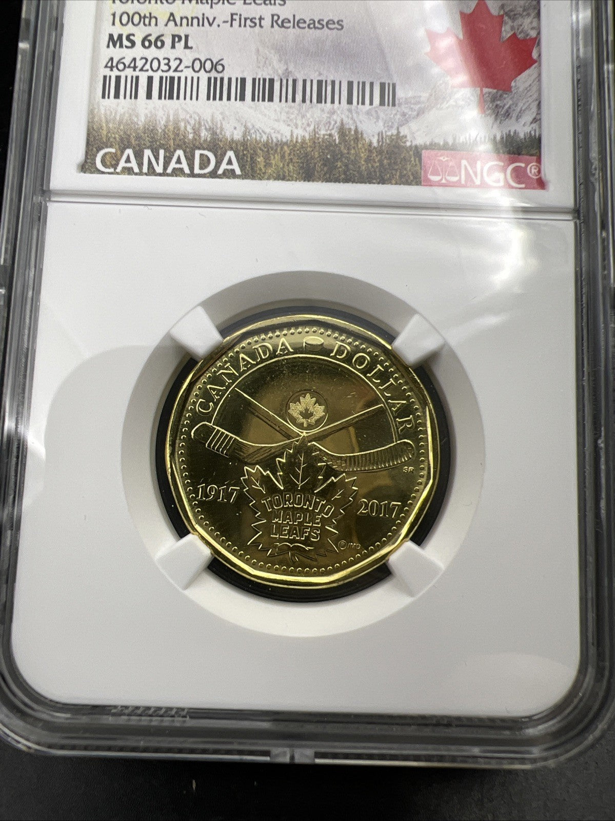 2017 $1 Canada Toronto Maple Leaves NHL Anniversary Logo 100 Years NGC MS66 PL B