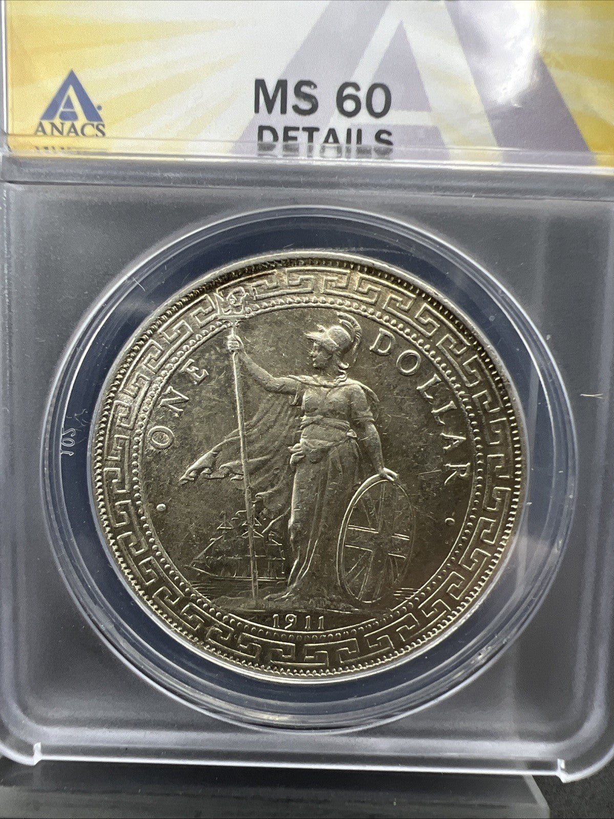 1911 B Bombay Mint Great Britain British Trade Dollar ANACS MS60 Details
