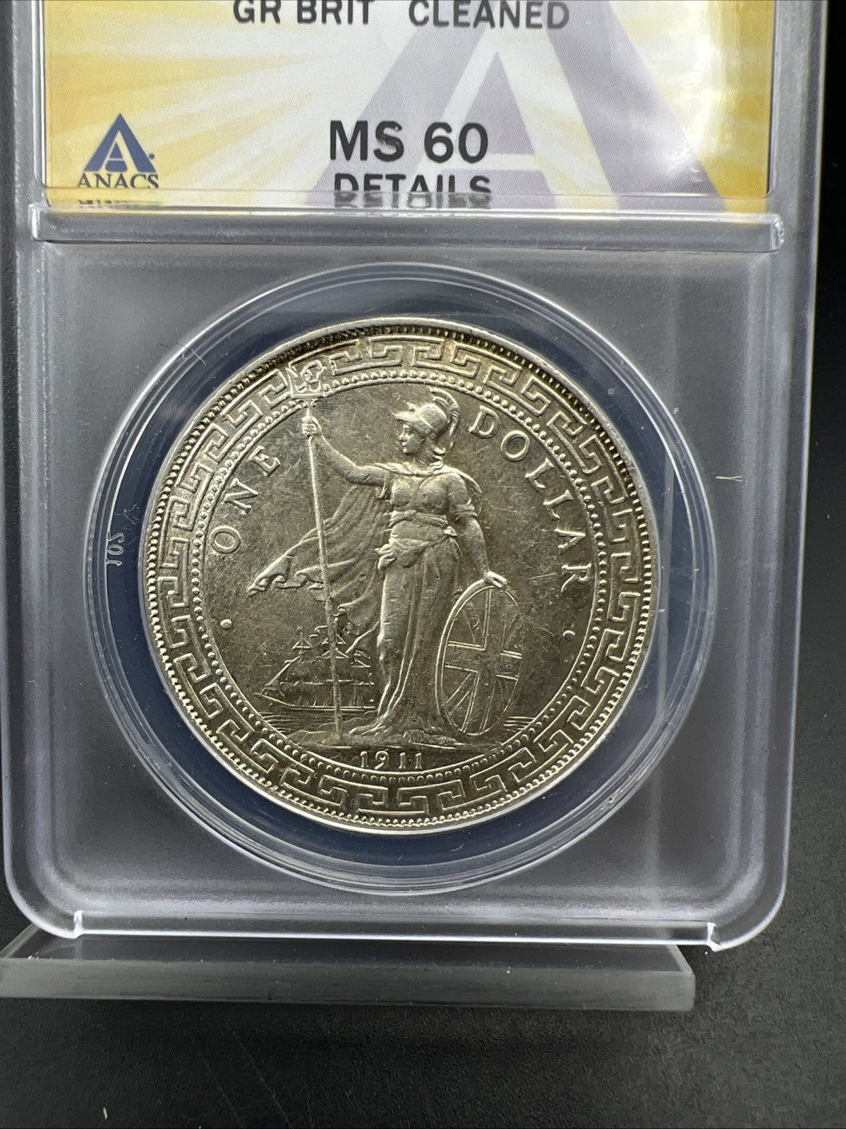 1911 B Bombay Mint Great Britain British Trade Dollar ANACS MS60 Details