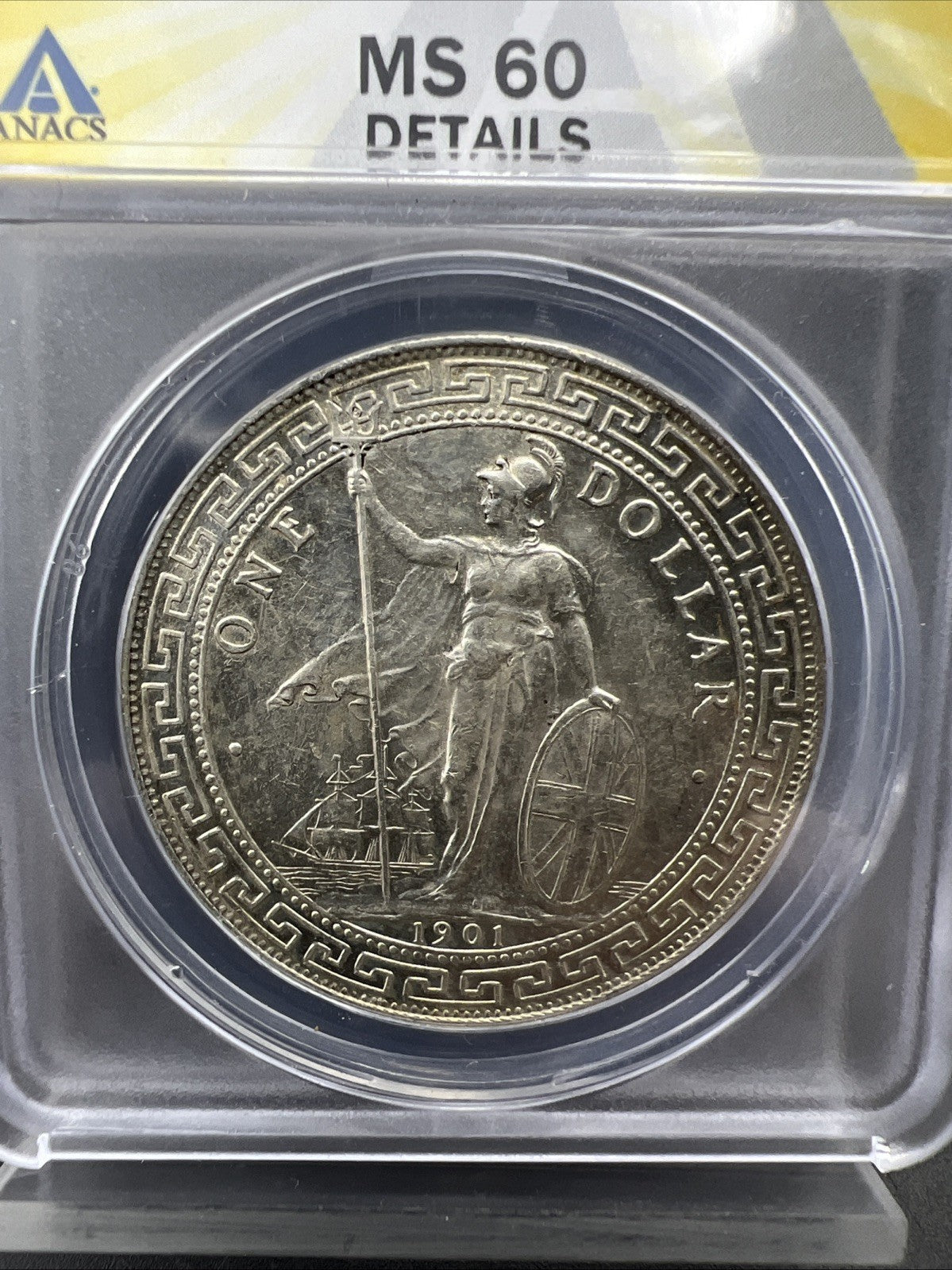 1901 B Bombay Mint Great Britain British Trade Dollar ANACS MS60 Details