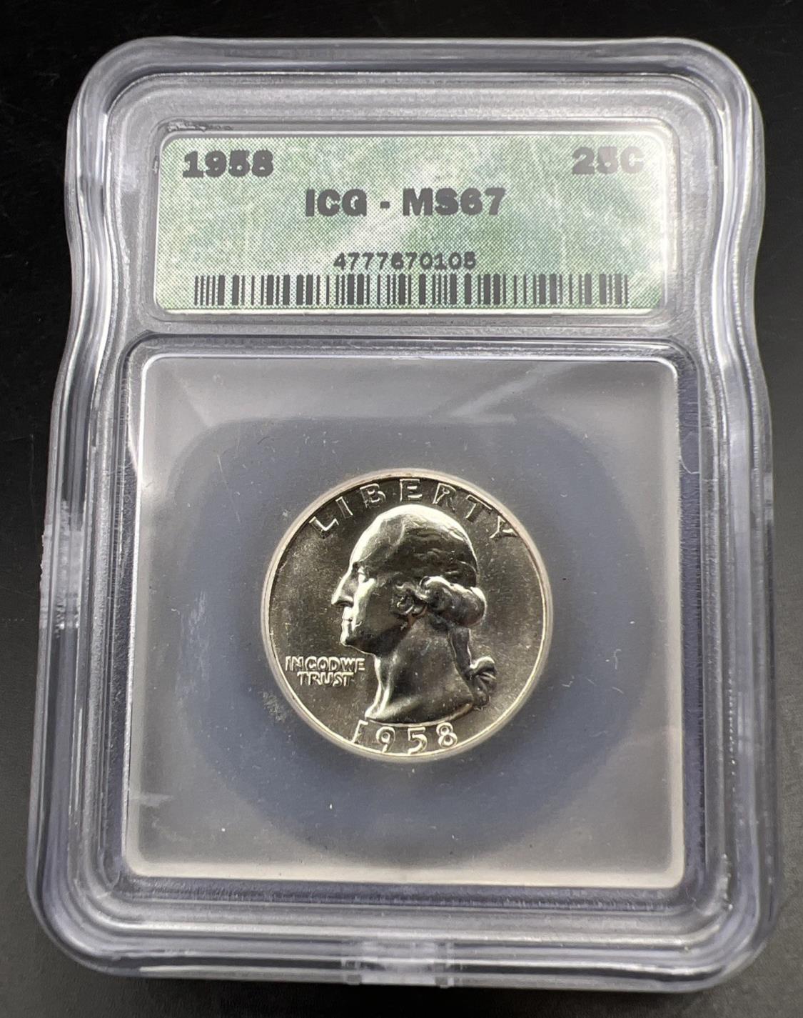 1958 P Washington Silver Quarter Coin ICG MS67 Gem BU Uncirculated #10