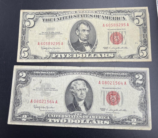 2 Note United States Legal Tender Red Seal Set 1963 $2 & $5 Bills VG+ Circ #564